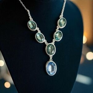 Trifari Sterling Silver Green Blue Topaz Gemstone Y Drop Necklace NWOT